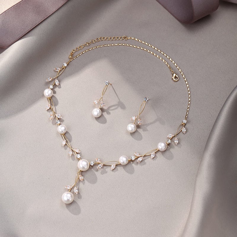 EVER FAITH CZ Crystal Cream Simulated Pearl Floral Vine Filigree Necklace Earrings Set Clear Gold-Plated-Brass - Image 3